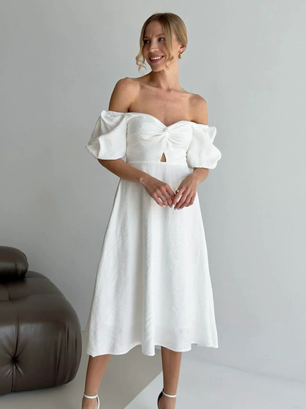 Forever 21 Lantern Sleeve Off Shoulder Dress Fall Slim Waist Cotton White Dress